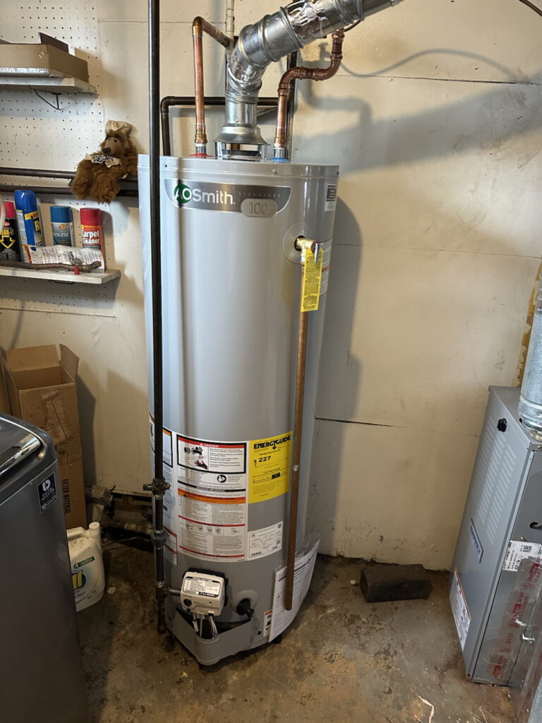 An A.O. Smith Signature 100 gas water heater installed in a basement next to a furnace system.